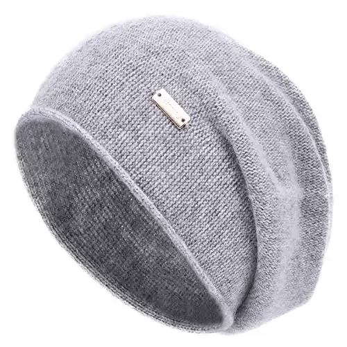 jaxmonoy Cashmere Slouchy Knit Beanie Hat for Women Winter Soft Warm Ladies Fleece Wool Knitted Skull Beanies Cap - Light Grey