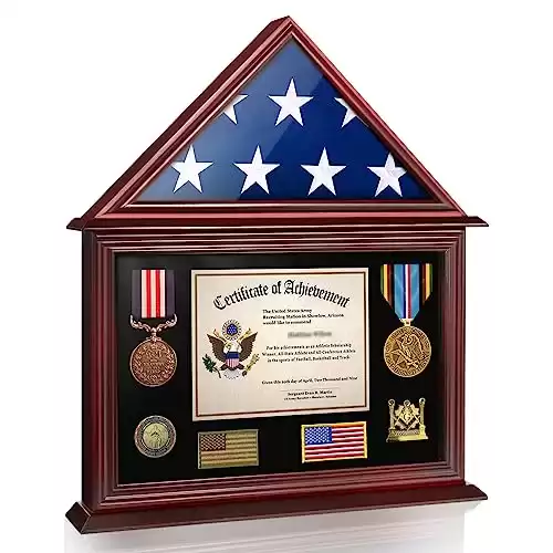 Solid Wood Military Flag Certificate Shadow Box with Wall Mount Display Flag Frame Holder for Badges