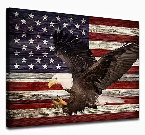 Rustic American Flag Canvas Wall Art Bald Eagle Pictures for Wall Decor Red White Blue Flag of USA Patriotic Painting Print for Living Room Bedroom Office Ready to Hang 12" x 16"