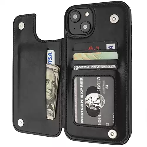 ONETOP Compatible with iPhone 14 Plus Wallet Case with Card Holder, PU Leather Kickstand Card Slots Case, Double Magnetic Clasp and Durable Shockproof Cover 6.7 Inch (Black)