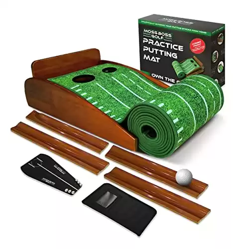 Moss Boss Golf Practice Putting Mat and Putting Tutor - Indoor Golf Putting Green with 2 Holes and Return Track for Practicing at Home or in The Office - Golf Accessories for Men - Gift for Golfers